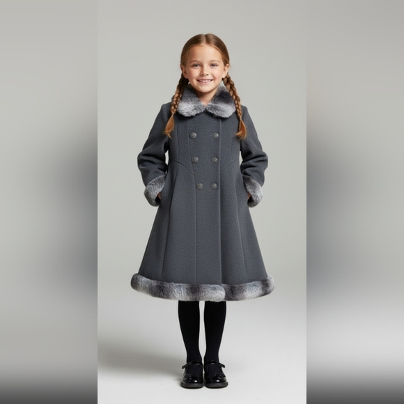 Elegant Gray Double-Breasted Coat with Faux Fur Trim For Child - Picture 1 of 13